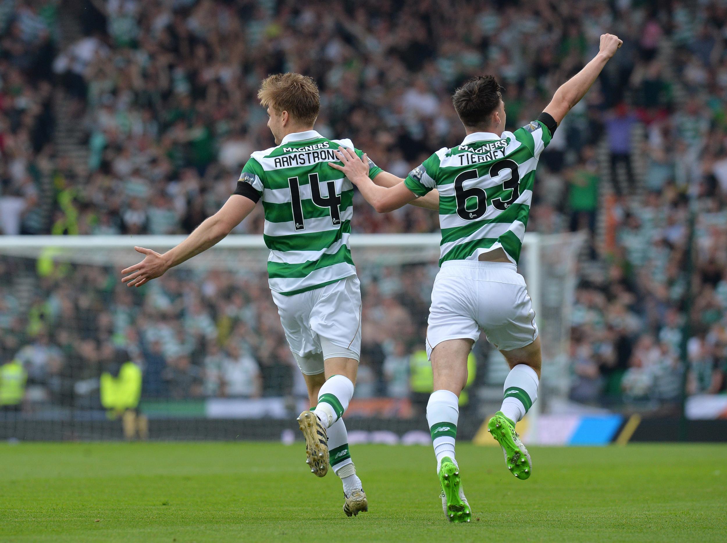 Armstrong and Tierney celebrates Celtic's early goal