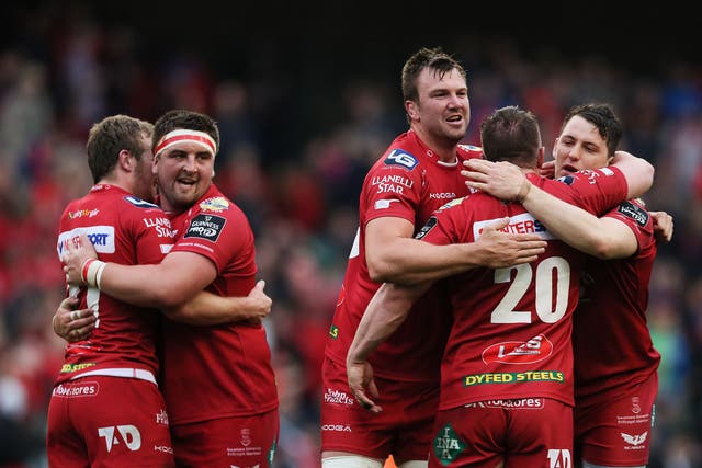 Scarlets celebrate after the Guinness Pro12 final at the Aviva Stadium, Dublin