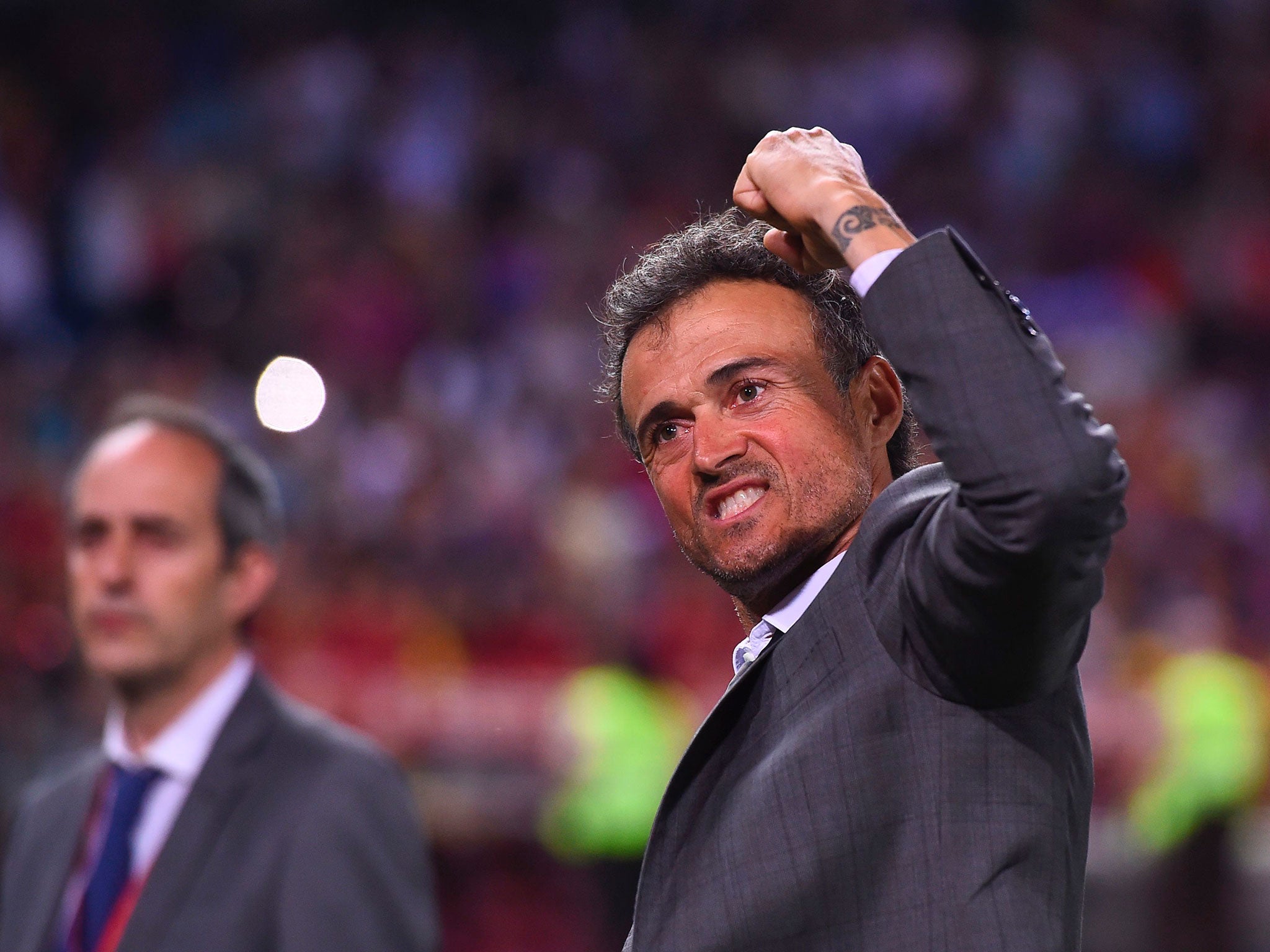 Luis Enrique celebrates after securing one final trophy with Barcelona