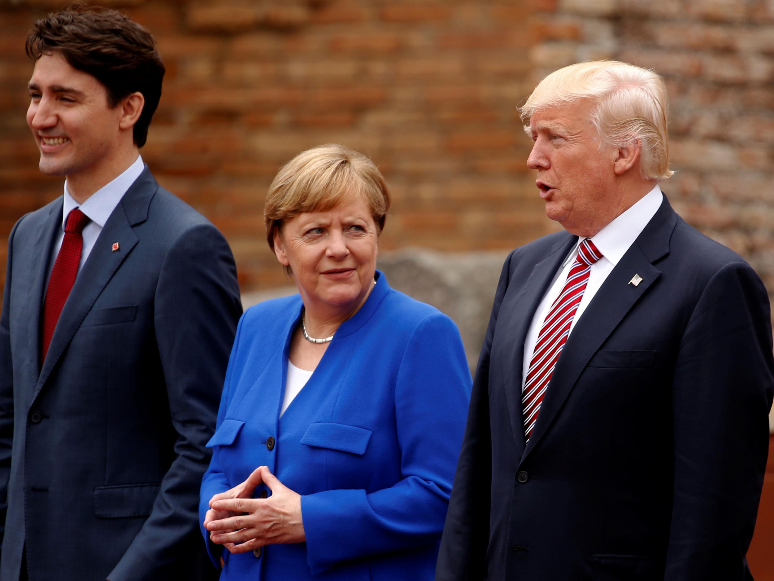 Angela Merkel with Canadian Prime Minister Justin Trudeau and Donald Trump at the G7 Summit in Taormina, Sicily