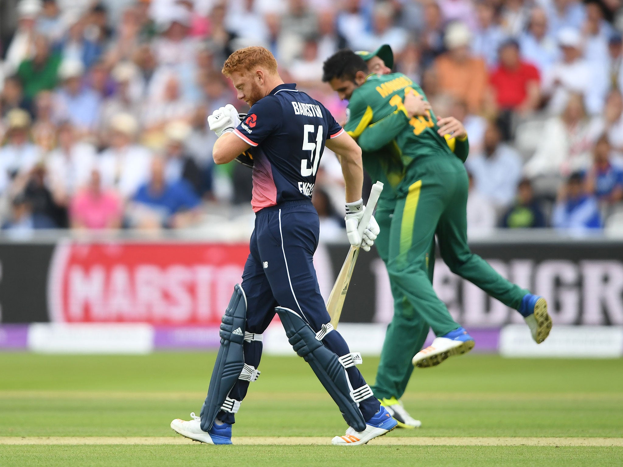 Jonny Bairstow makes his way to the pavilion after being dismissed