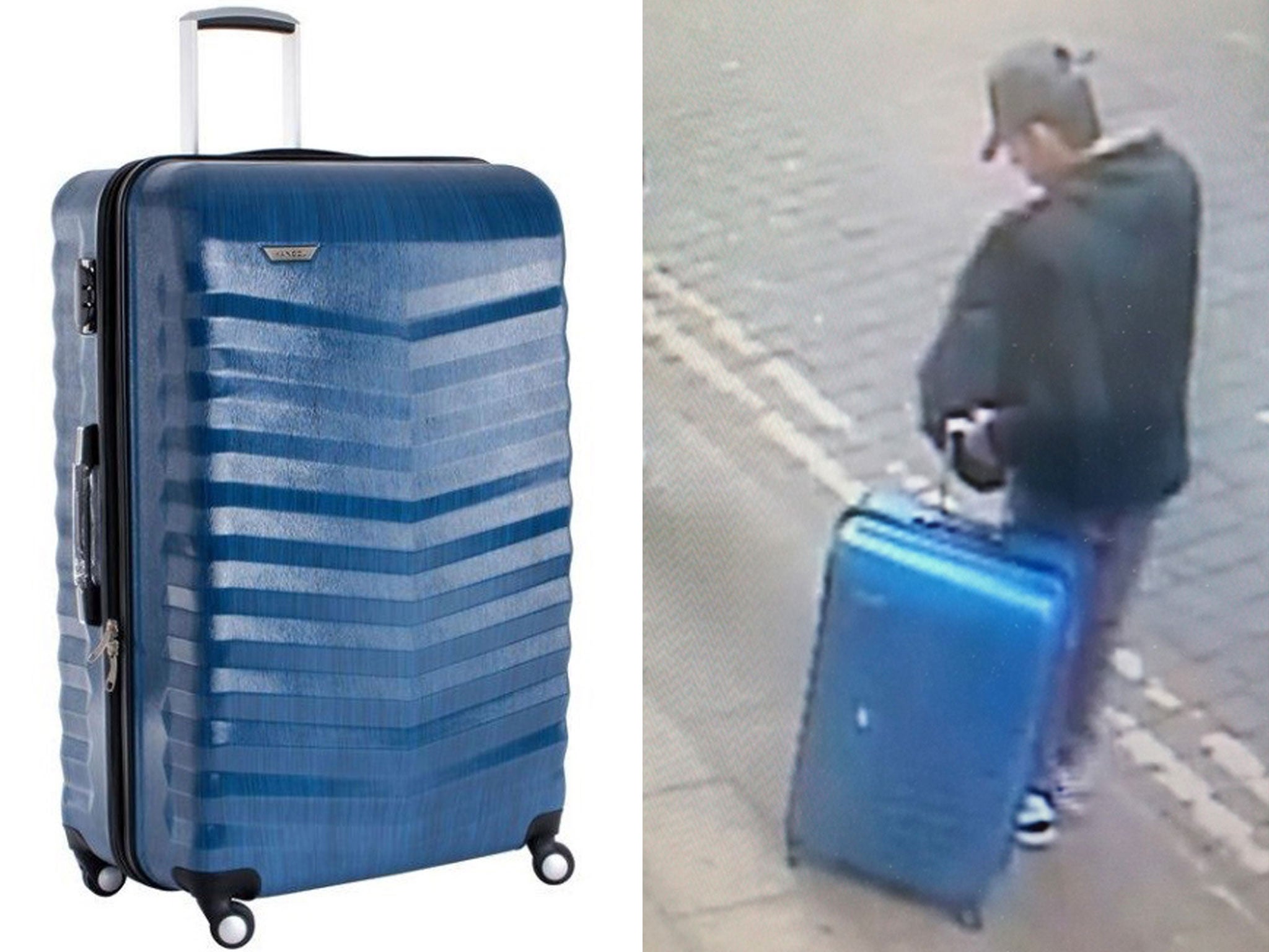 Police released an image of the bomber carrying a distinctive blue suitcase