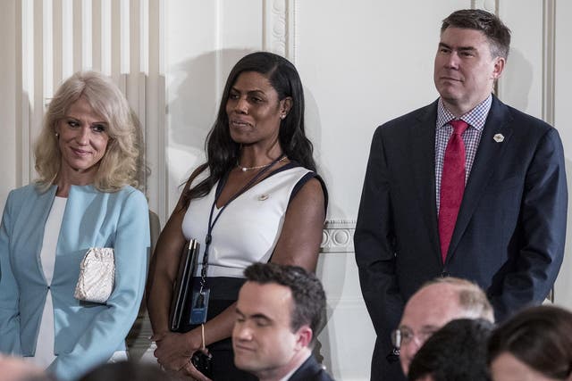 From left: Counselor to the President Kellyanne Conway, White House Director of communications for the Office of Public Liaison Omarosa Manigault, and White House Communications Director Mike Dubke.