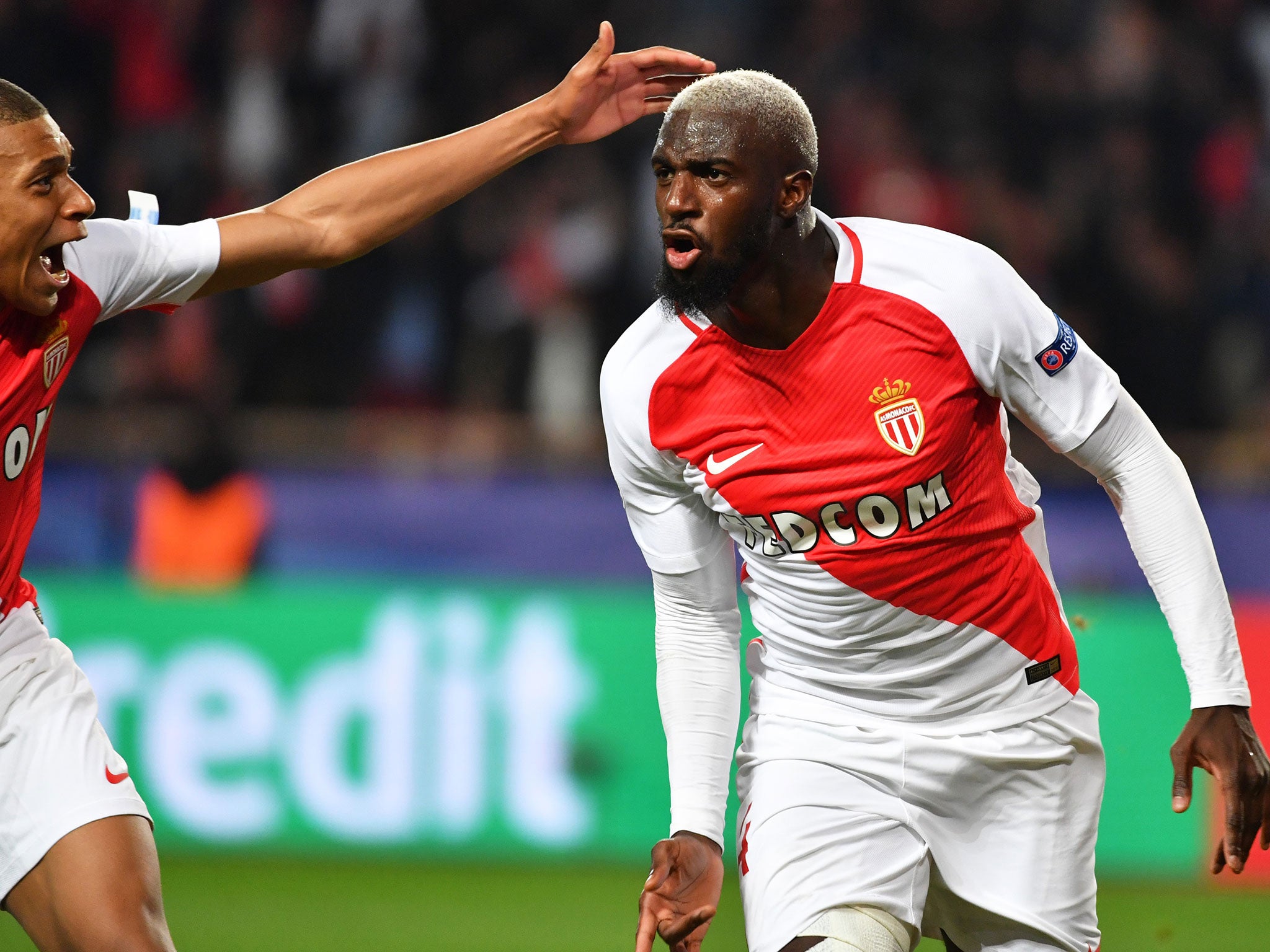 Tiemoue Bakayoko celebrates scoring for AS Monaco against Man City