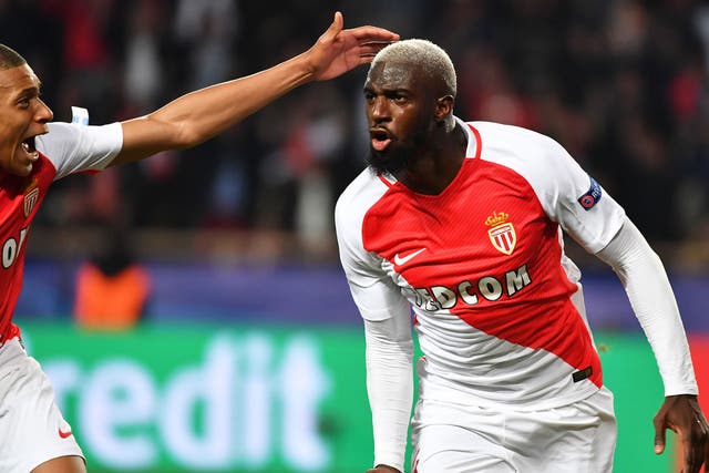Tiemoue Bakayoko celebrates scoring for AS Monaco against Man City