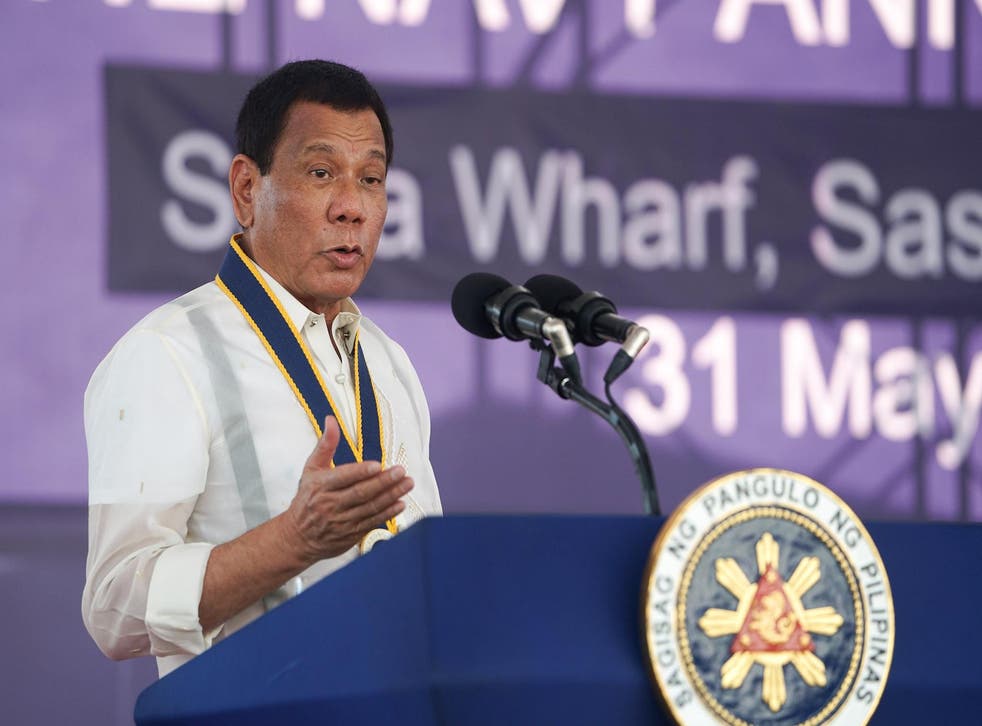Philippine President Rodrigo Duterte delivers his speech during the 119th anniversary of the Philippine Navy in Davao city, southern Philippines