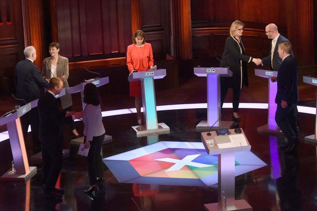 All the main party leaders - bar Theresa May - on the BBC's election debate stage