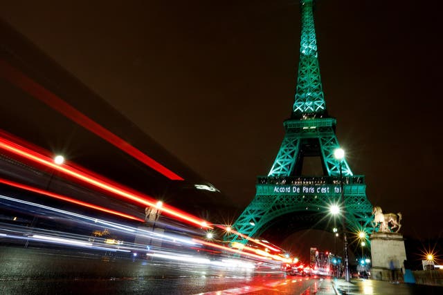 <p>The Eiffel Tower is illuminated in green in 2016</p>