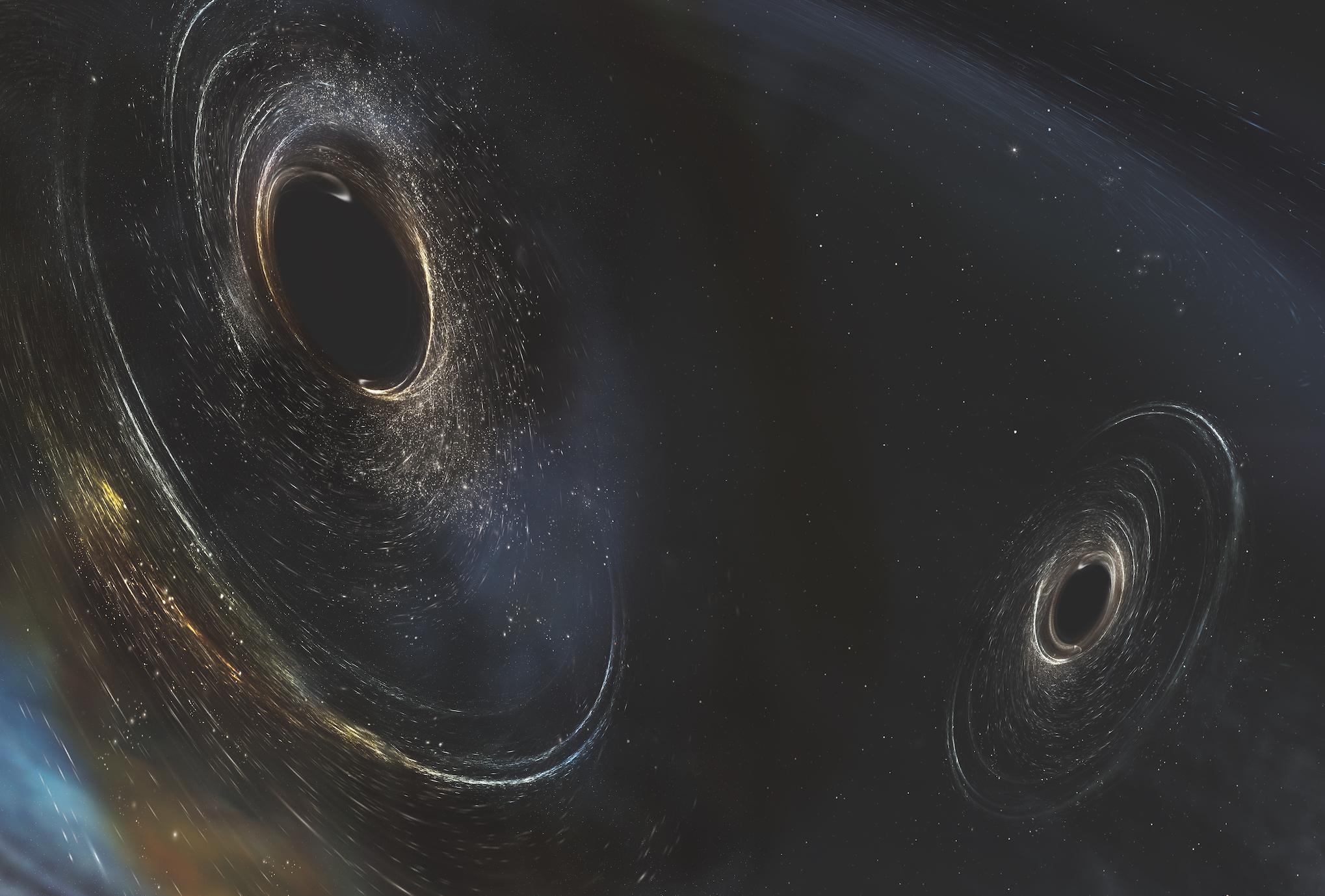 Artist's conception shows two merging black holes similar to those detected by LIGO. The black holes are spinning in a non-aligned fashion, which means they have different orientations relative to the overall orbital motion of the pair