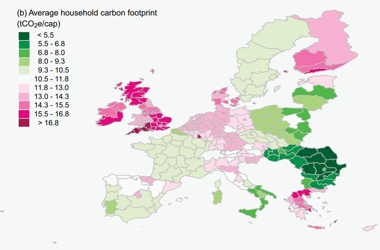Average household carbon footprint in tonnes of carbon dioxide (Ivanova et al, Environmental Research Letters)