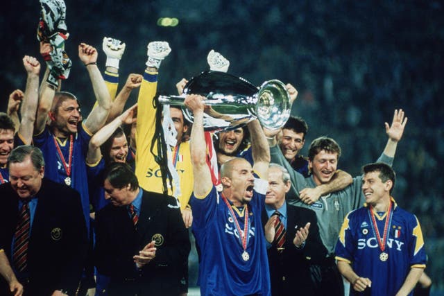 Juventus captain Gianluca Vialli lifts the trophy after his side beat Ajax on penalties