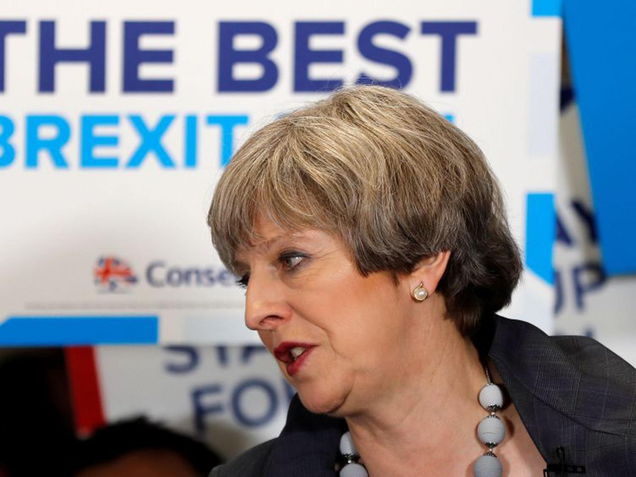 Theresa May speaks at an election campaign event at Pride Park Stadium in Derby