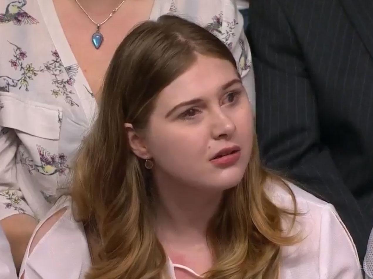Young woman talking about WCA during BBC Question Time Leader's Debate