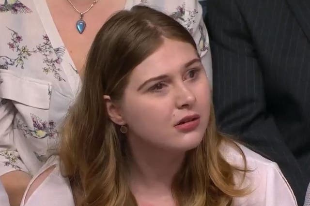 Young woman talking about WCA during BBC Question Time Leader's Debate
