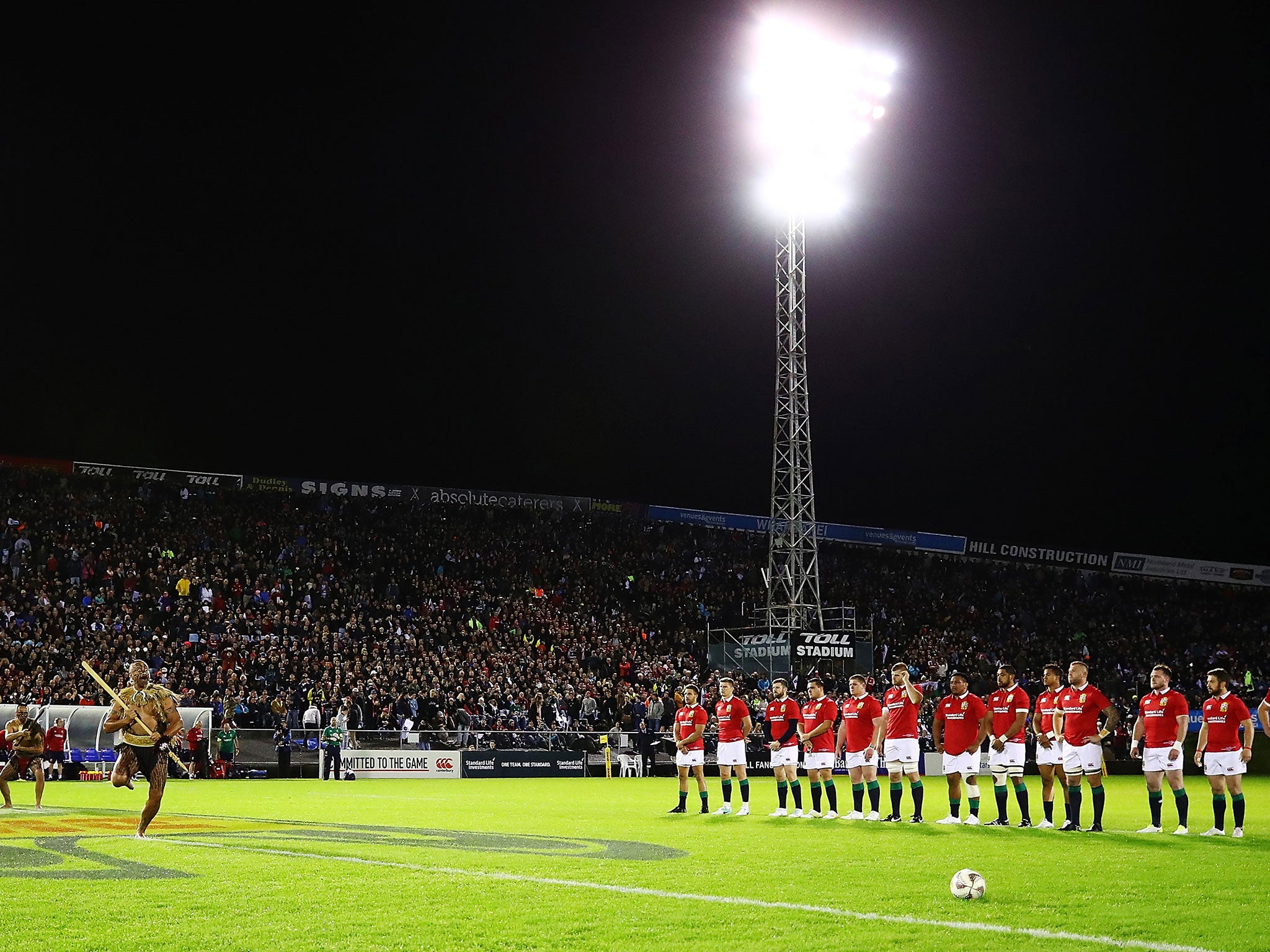 A Maori warrior lays down the challenge to the Lions before kick-off