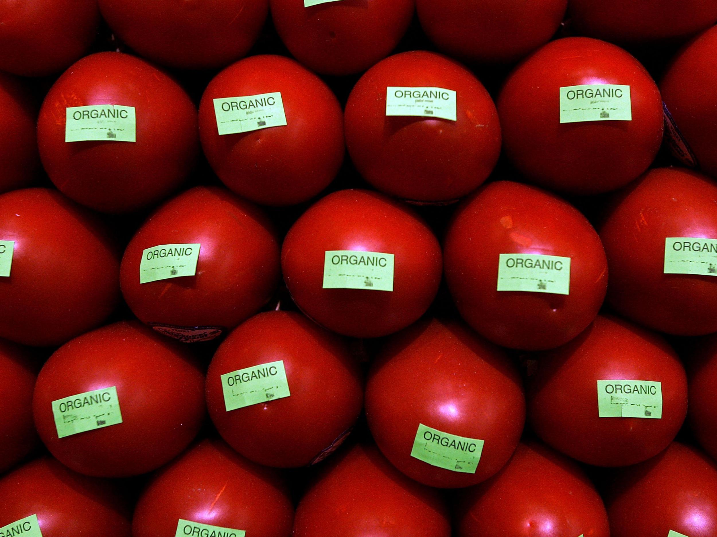 A display of organic tomatoes