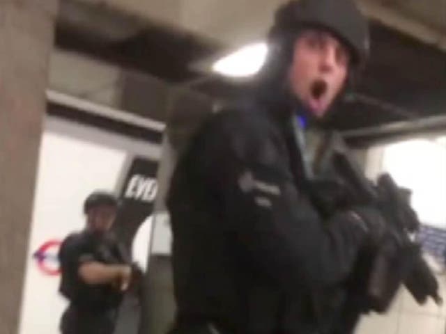 Social media images of armed police on the London underground after the attacks