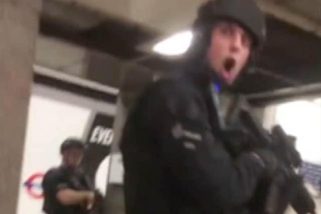 Social media images of armed police on the London underground after the attacks