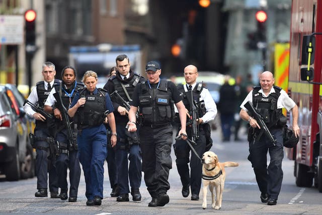 Armed police on St Thomas Street, London, near the scene of last night's terrorist attack at Borough Market