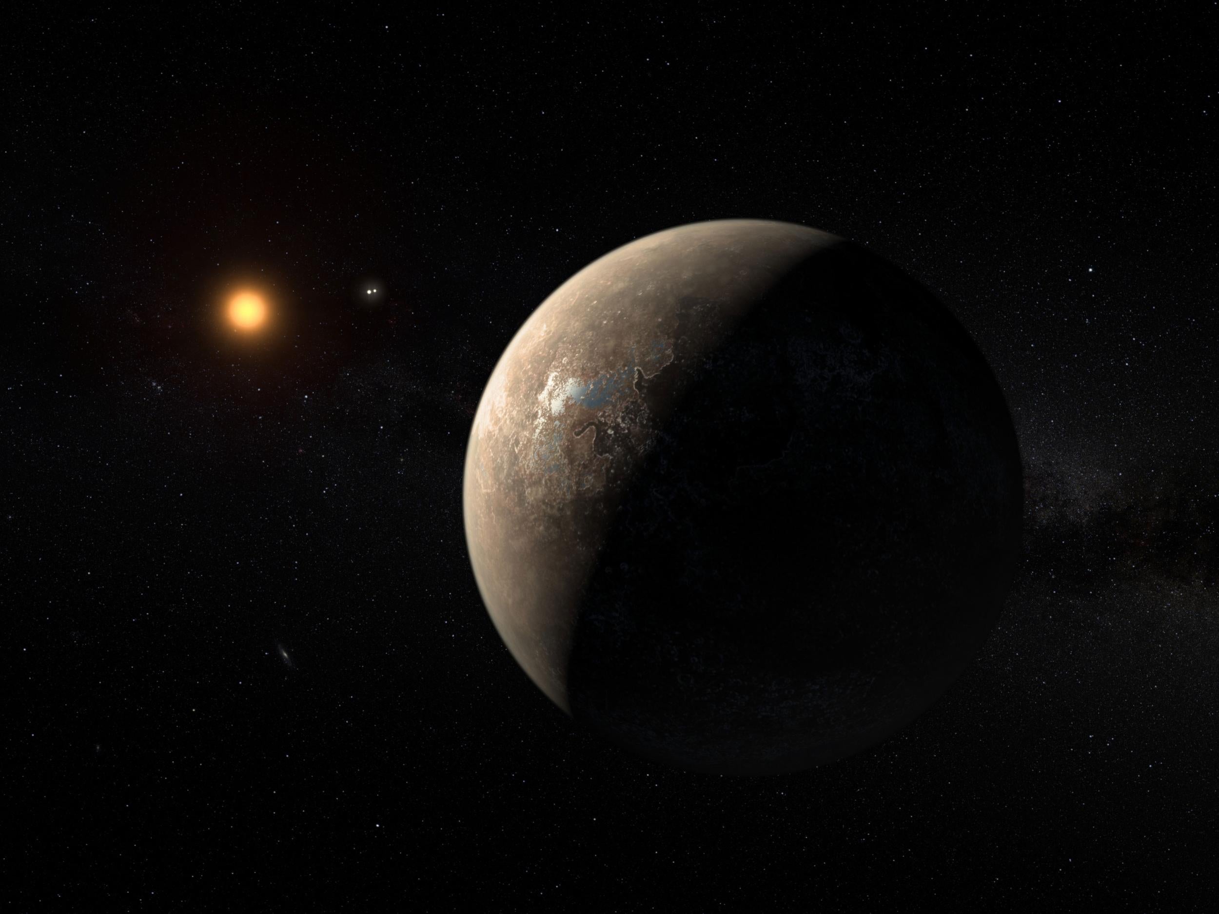 An artist's impression of the planet Proxima b orbiting the red dwarf star Proxima Centauri, the closest star to the Solar System