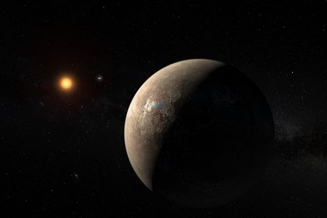 An artist's impression of the planet Proxima b orbiting the red dwarf star Proxima Centauri, the closest star to the Solar System