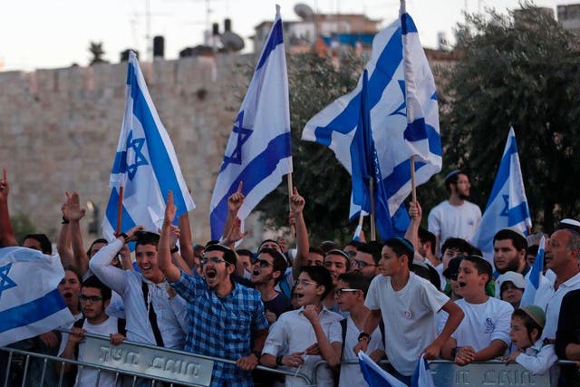 Flying the flag: far-right Israeli nationalists demonstrating in Jerusalem’s Old City on Jerusalem Day last month