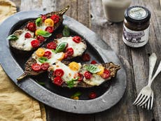 Balsamic mustard grilled aubergine with mozzarella and tomatoes