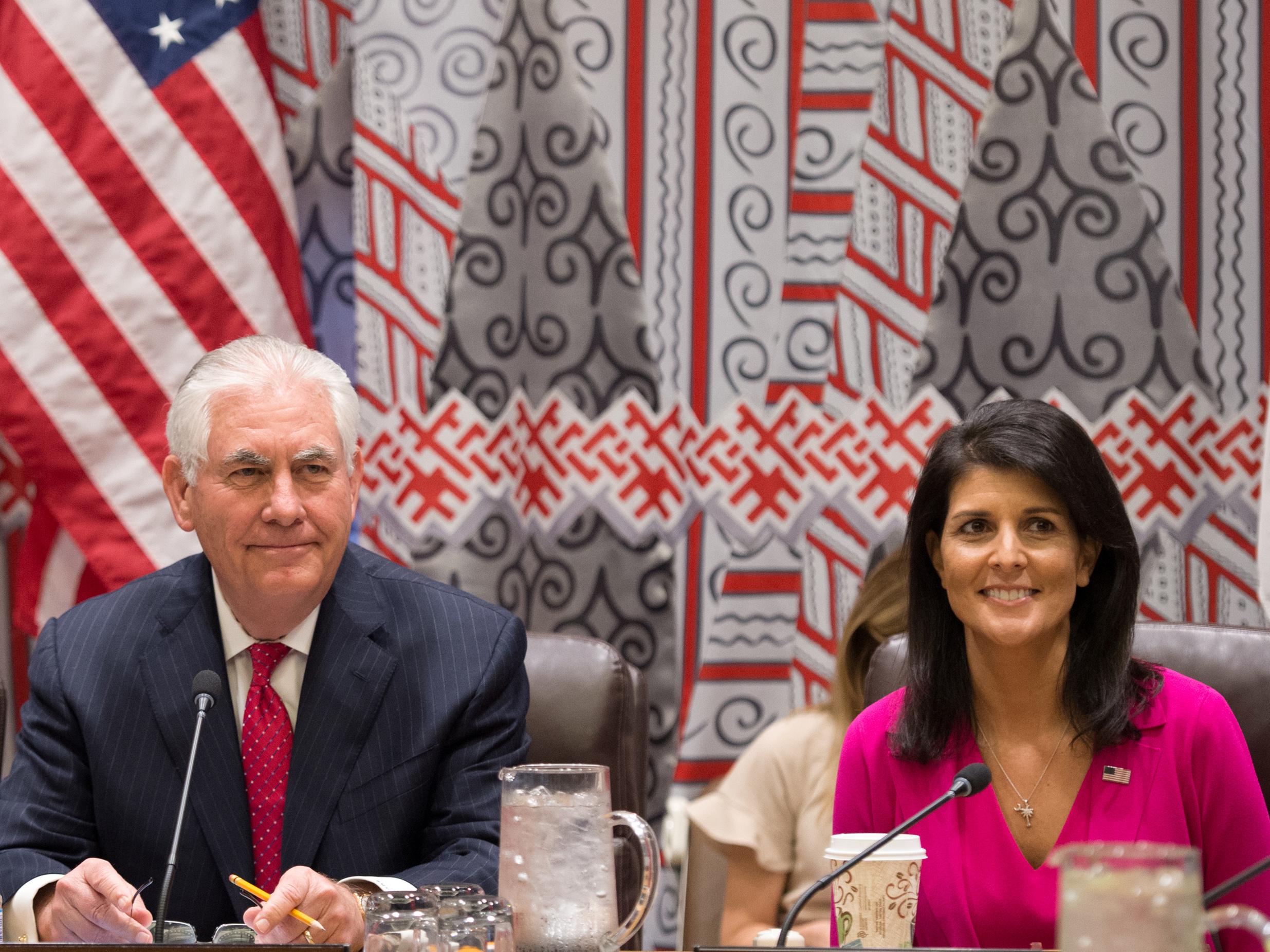 US Secretary of State Rex Tillerson and Ambassador Nikki Haley attend a trilateral meeting with representatives from Japan and South Korea at the United Nations in New York City on 28 April 2017