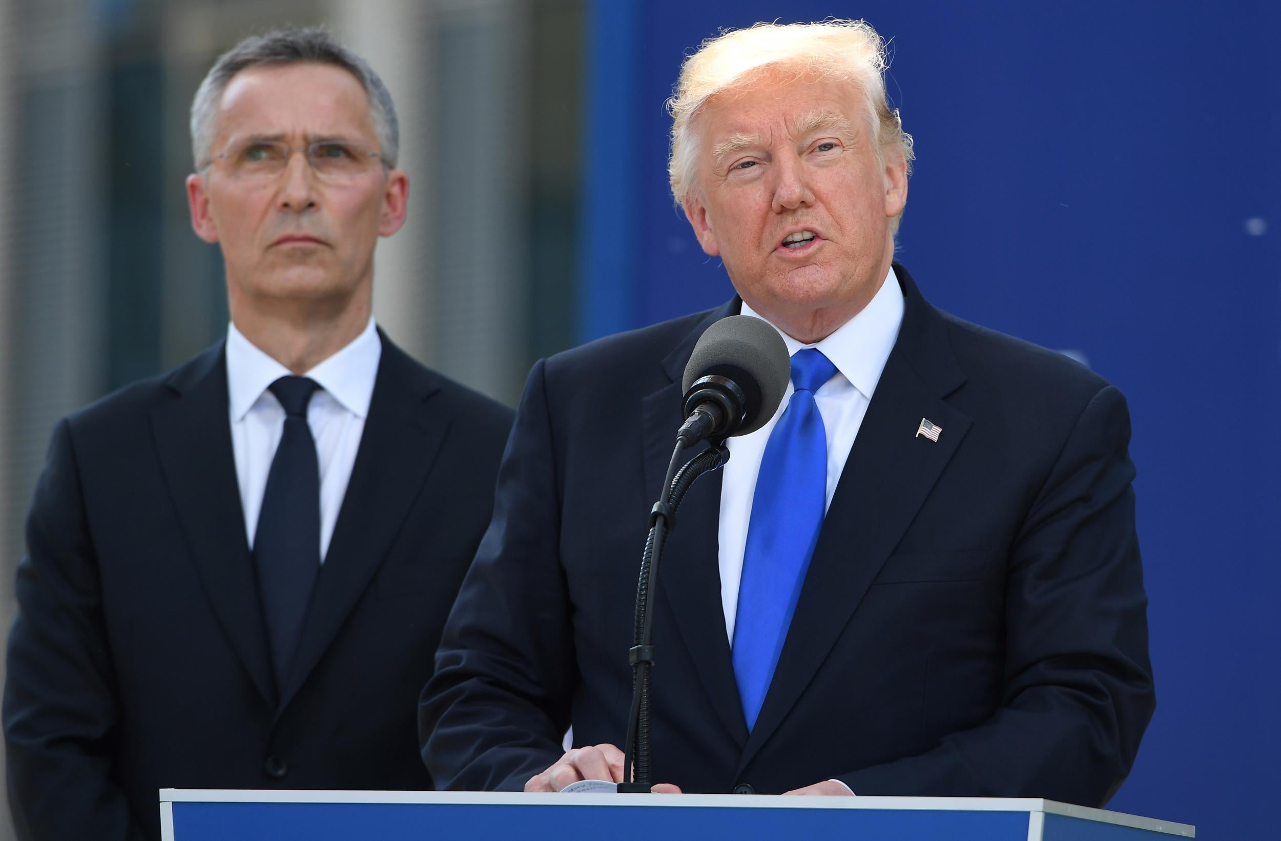 President Donald Trump delivers a speech during the unveiling ceremony of the Berlin Wall monument at a recent Nato summit