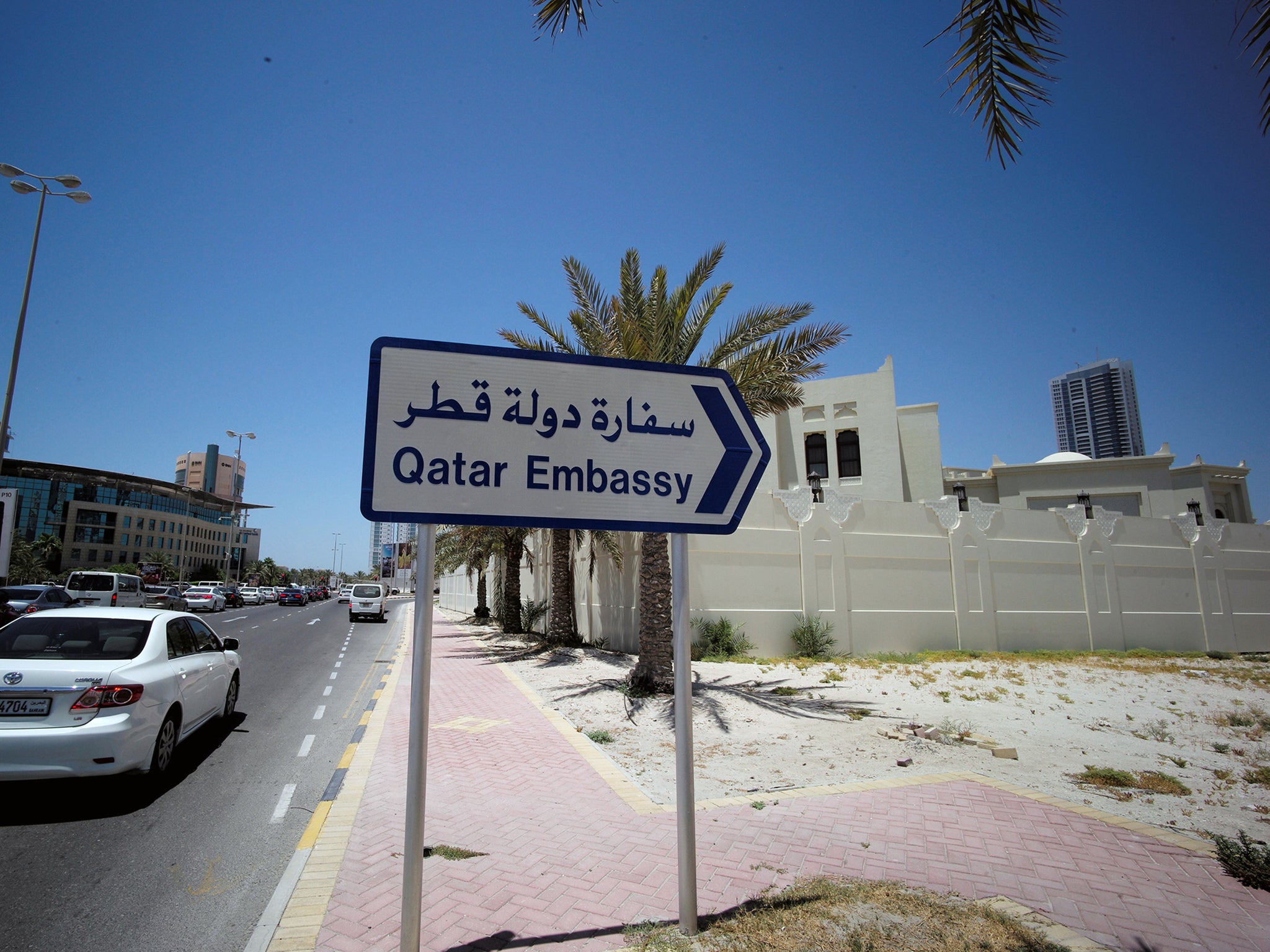 Signage for the Qatari embassy building in Manama, Bahrain