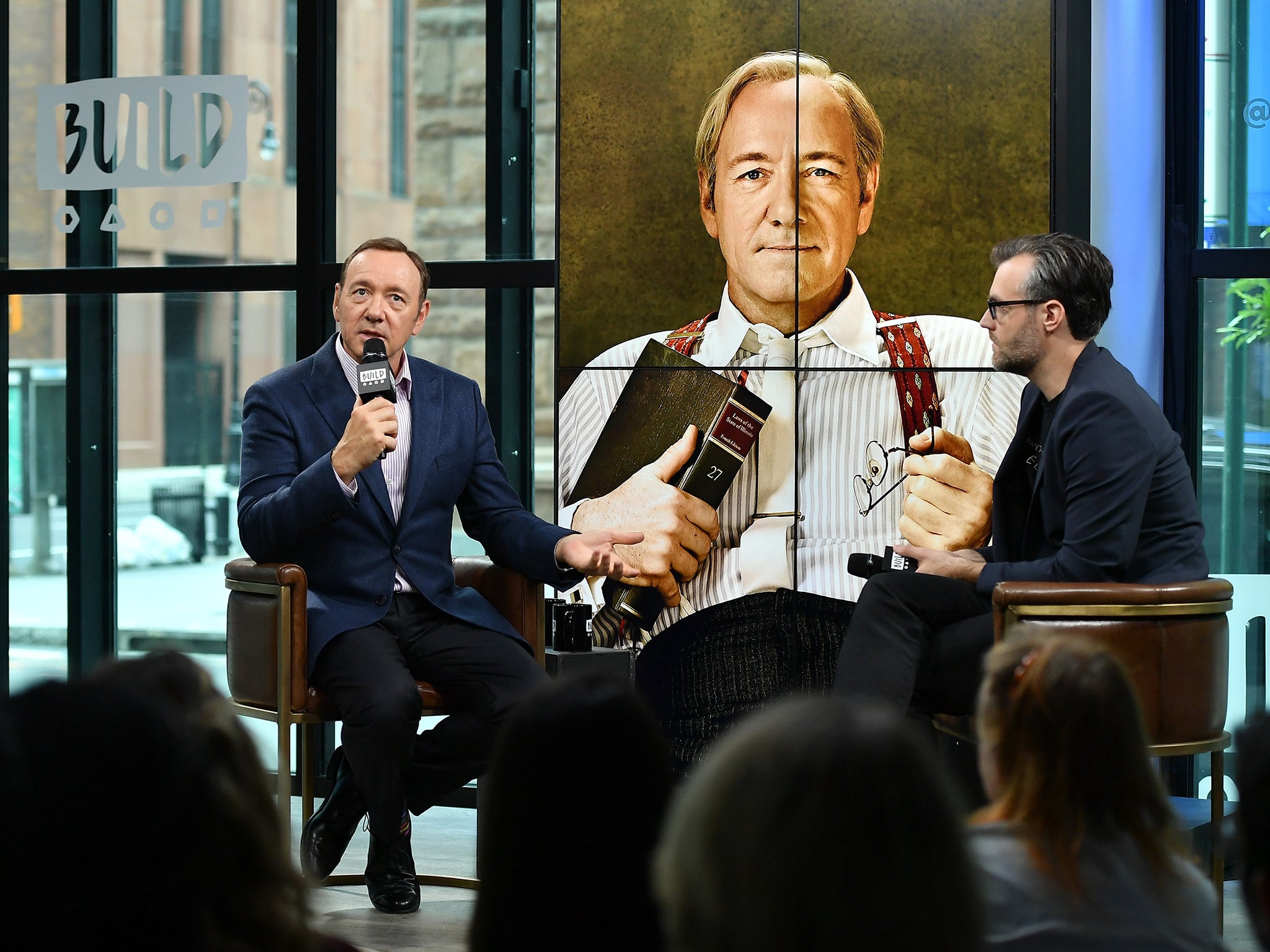 Spacey (left) discussing his new play ‘Clarence Darrow’ with Ricky Camilleri (right) in New York City