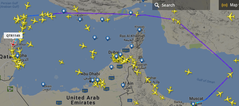 Flight QTR 1149's route from Muscat (highlighted) takes a lengthy detour through Iranian airspace