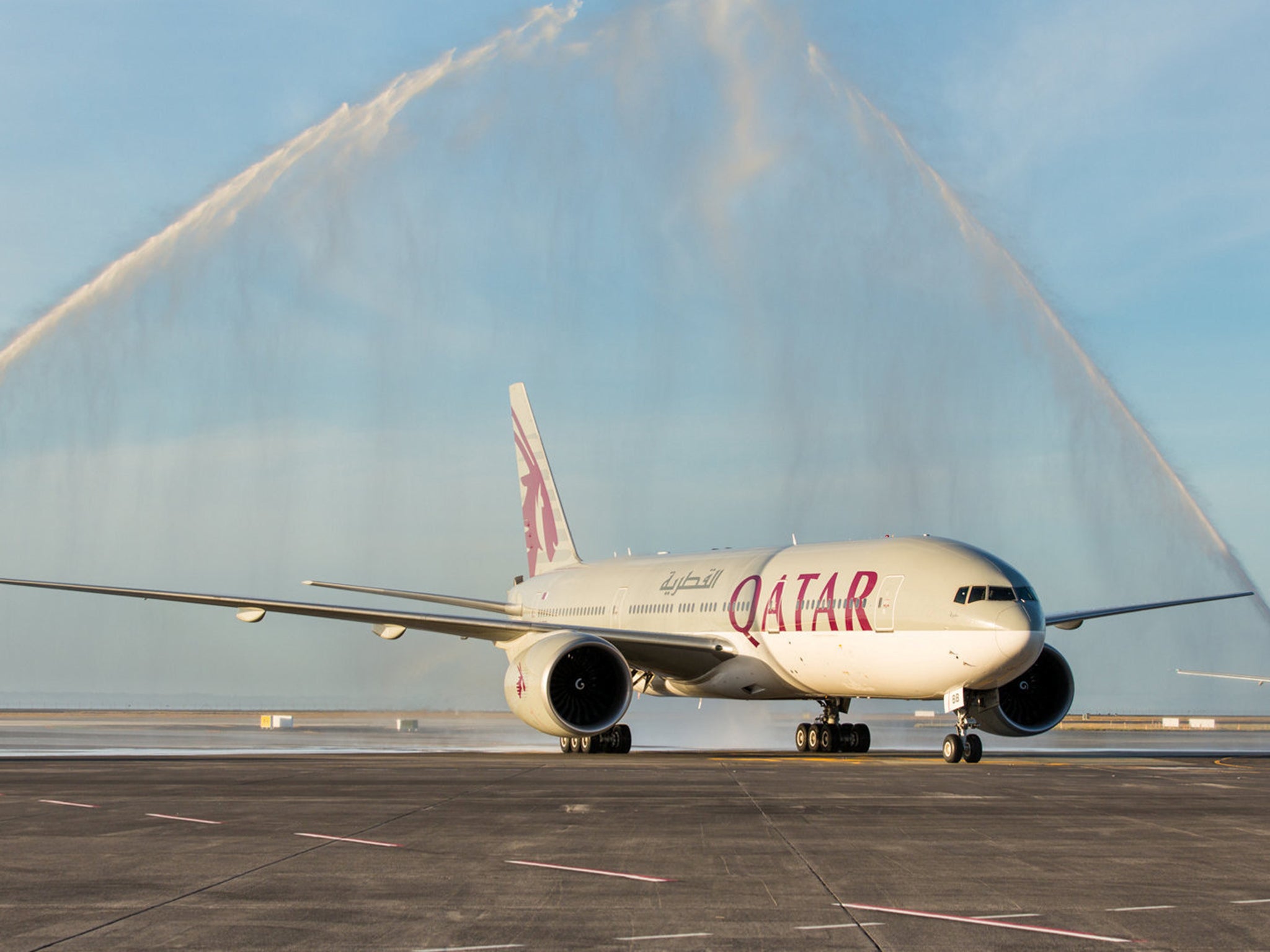 Auckland Airport welcomed the first Qatar Airways flight with a traditional water cannon salute