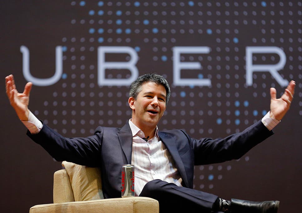 Uber's founder and former CEO Travis Kalanick in a corporate event open his arms wide open with a smile