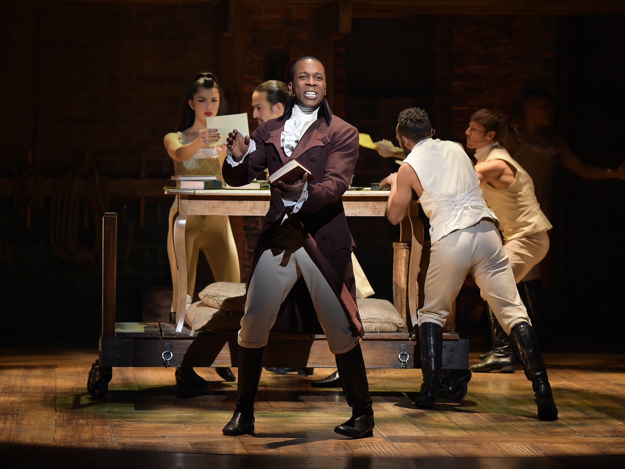Actor Leslie Odom Jr performs on stage during 'Hamilton' Grammy performance at Richard Rodgers Theatre