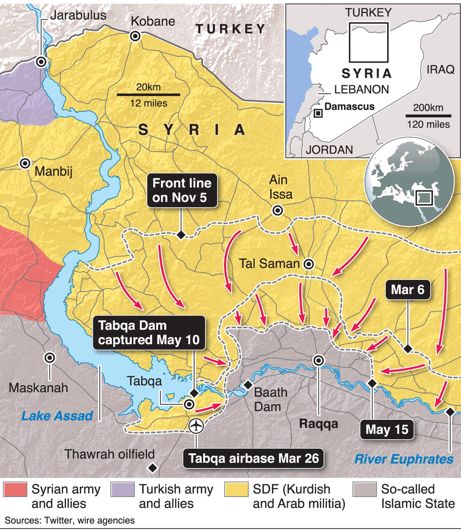 The state of play in late May, as the SDF closed in on Raqqa from the north, east and west. Baath Dam has since been captured and the SDF says it is within 1km of the city to the east