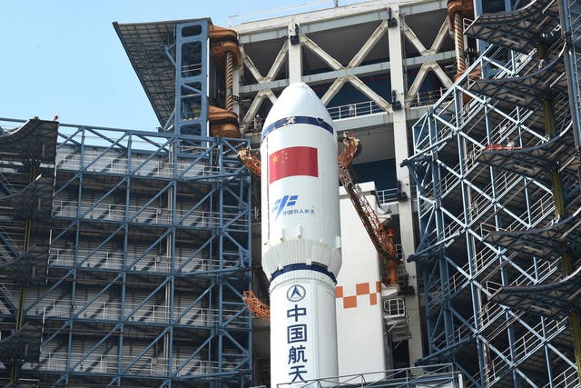 China's Long March-7 rocket and Tianzhou-1 cargo spacecraft being readied for launch in Wenchang, Hainan province, on 17 April 2017