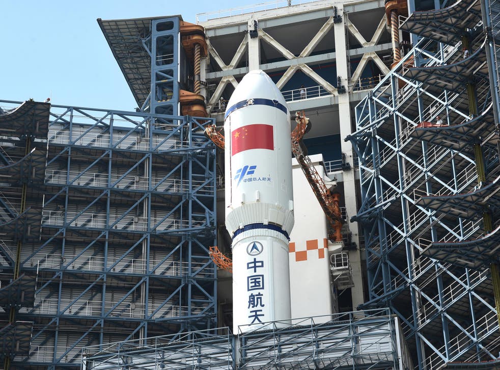 China's Long March-7 rocket and Tianzhou-1 cargo spacecraft being readied for launch in Wenchang, Hainan province, on 17 April 2017