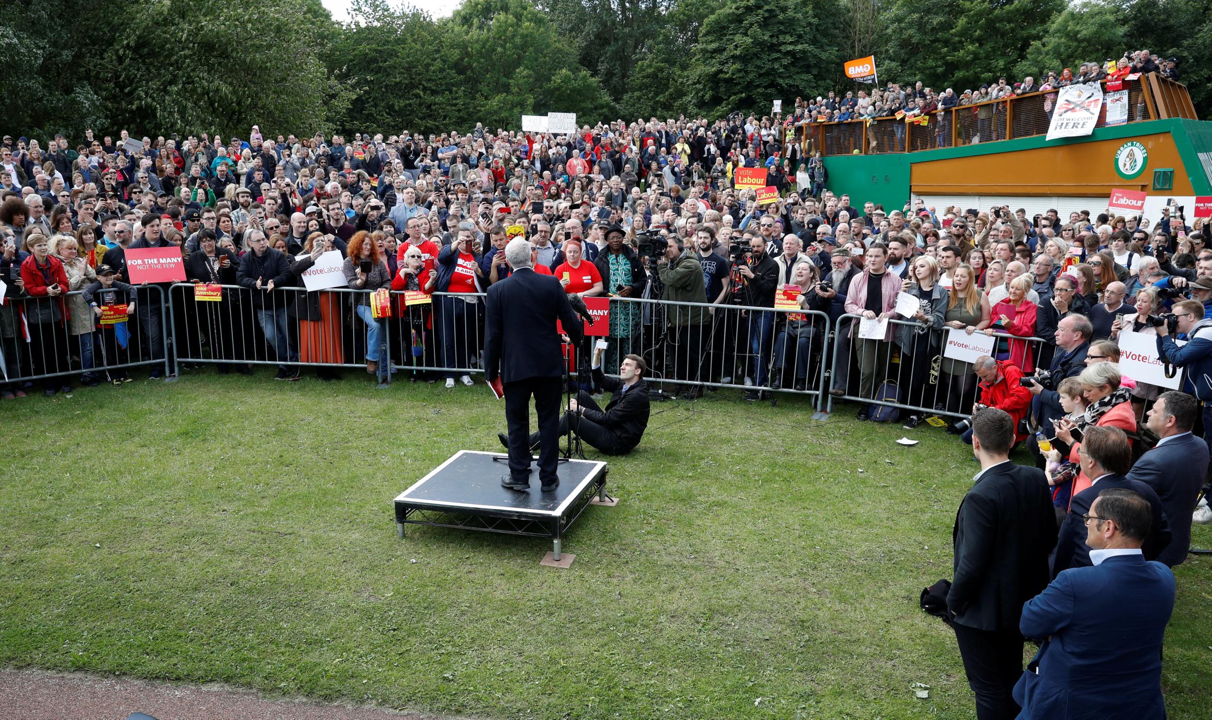 Labour Party leader Jeremy Corbyn addresses an election rally in Runcorn
