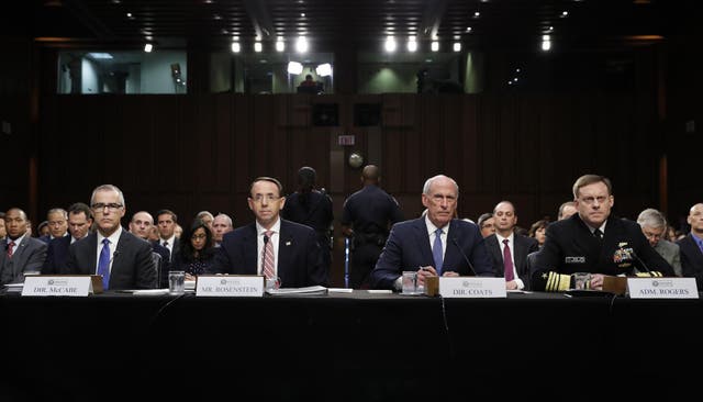 FBI acting director Andrew McCabe, Deputy Attorney General Rod Rosenstein, National Intelligence Director Dan Coats, and National Security Agency director Adm. Mike Rogers