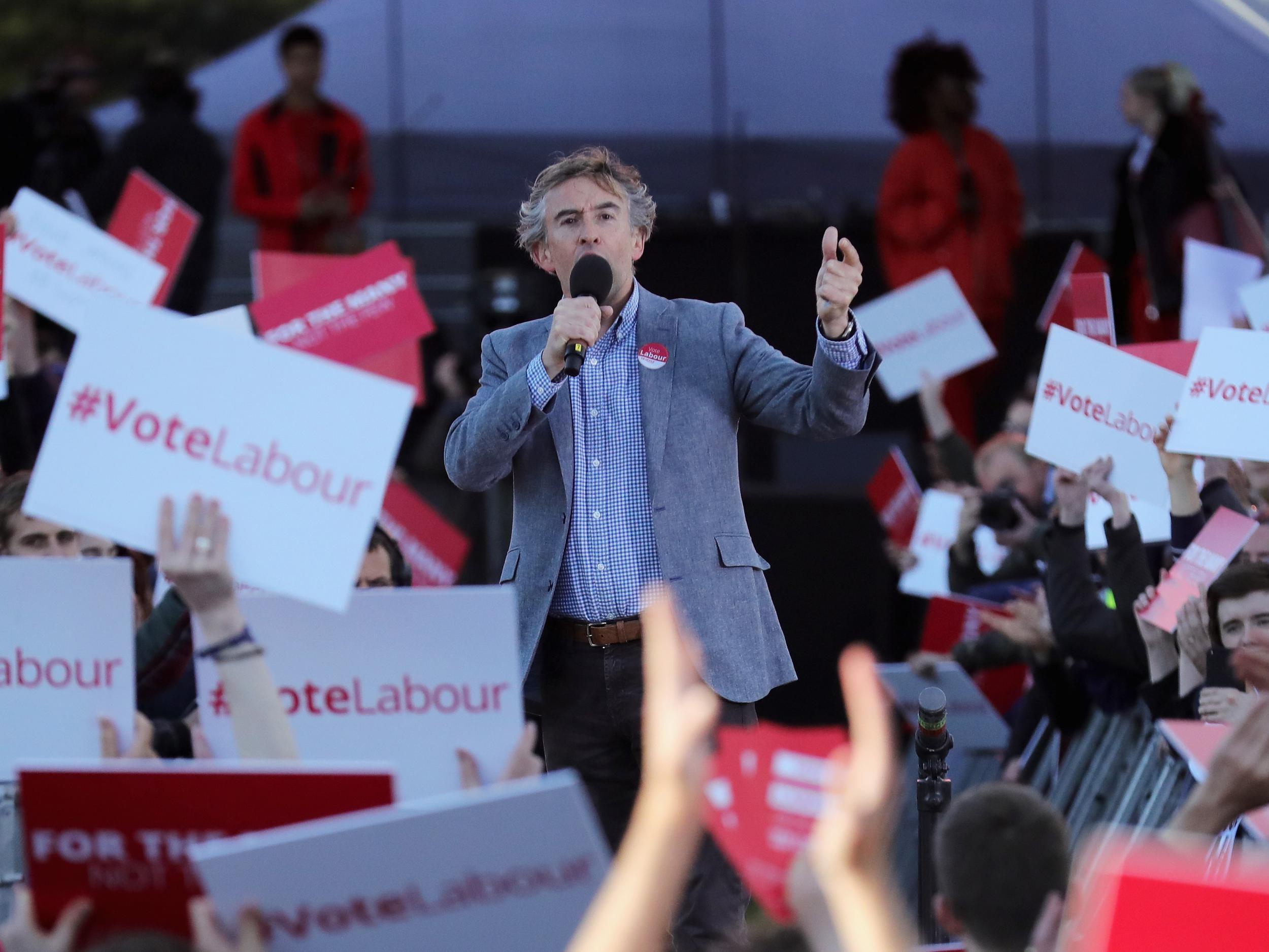 Steve Coogan at a rally supporting Jeremy Corbyn. He is a long-standing Labour supporter