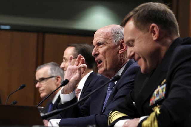 FBI acting director Andrew McCabe, Deputy Attorney General Rod Rosenstein, National Intelligence Director Dan Coats, and National Security Agency director Admiral Mike Rogers