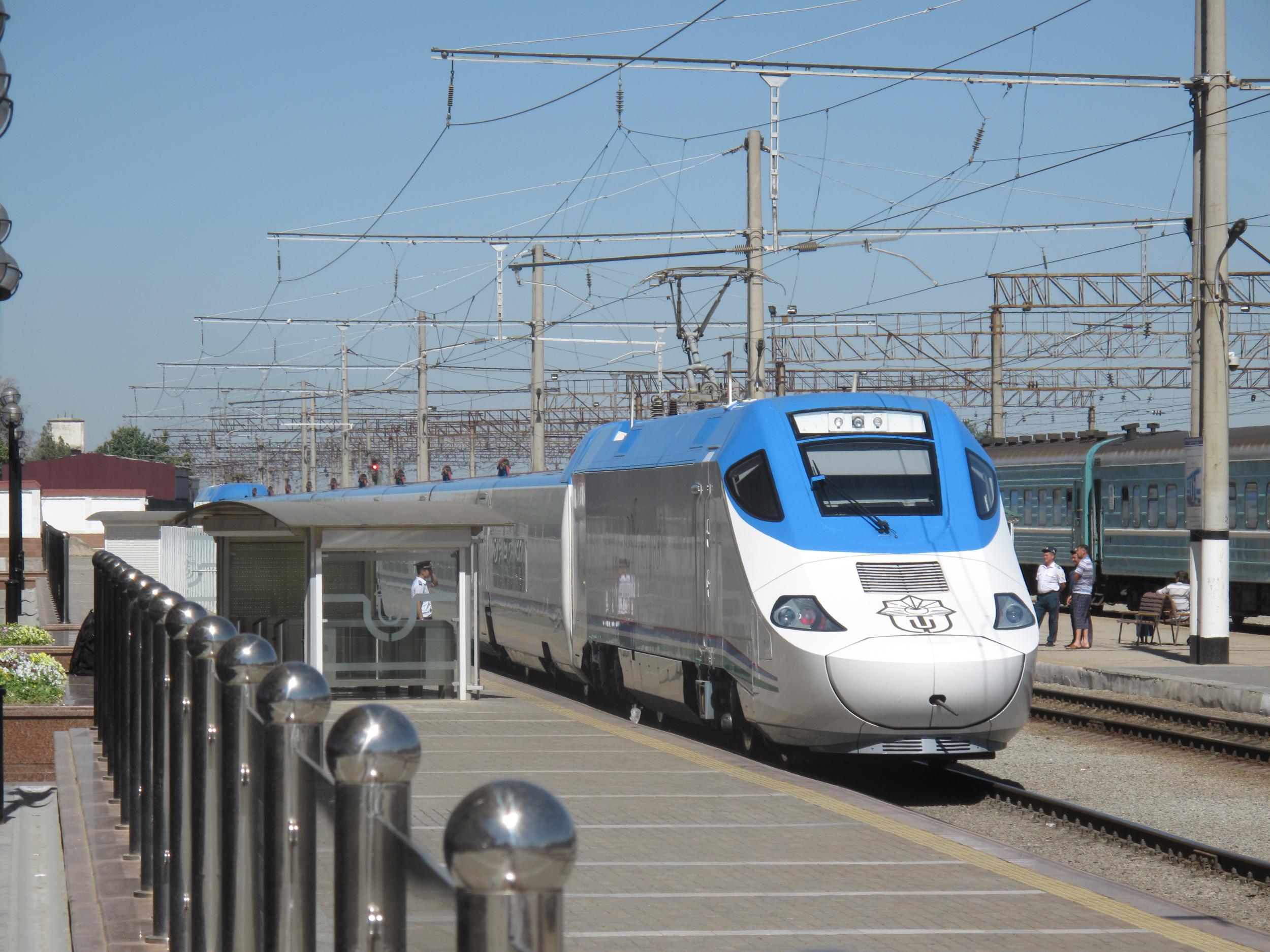 Change here: Afrosiyob high-speed train at Samarkand station, Uzbekistan