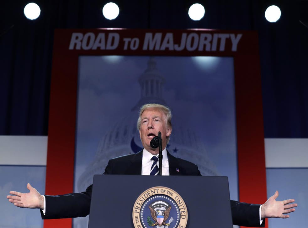 President Donald Trump speaks to a Faith and Freedom conference at the Omni Shoreham Hotel in Washington