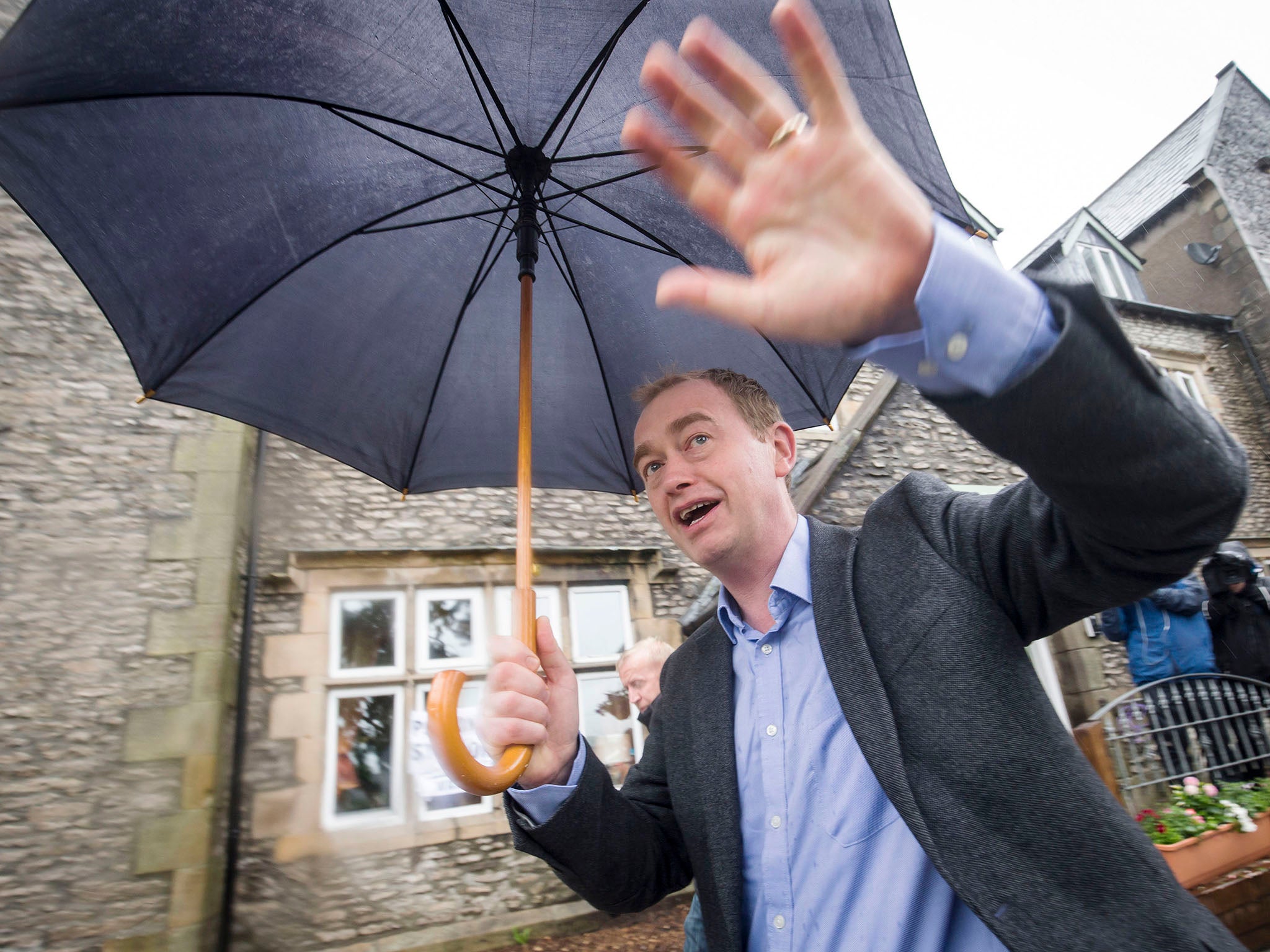 Lib Dems leader Tim Farron outside a polling station at Stonecross Manor Hotel in Kendal, Cumbria