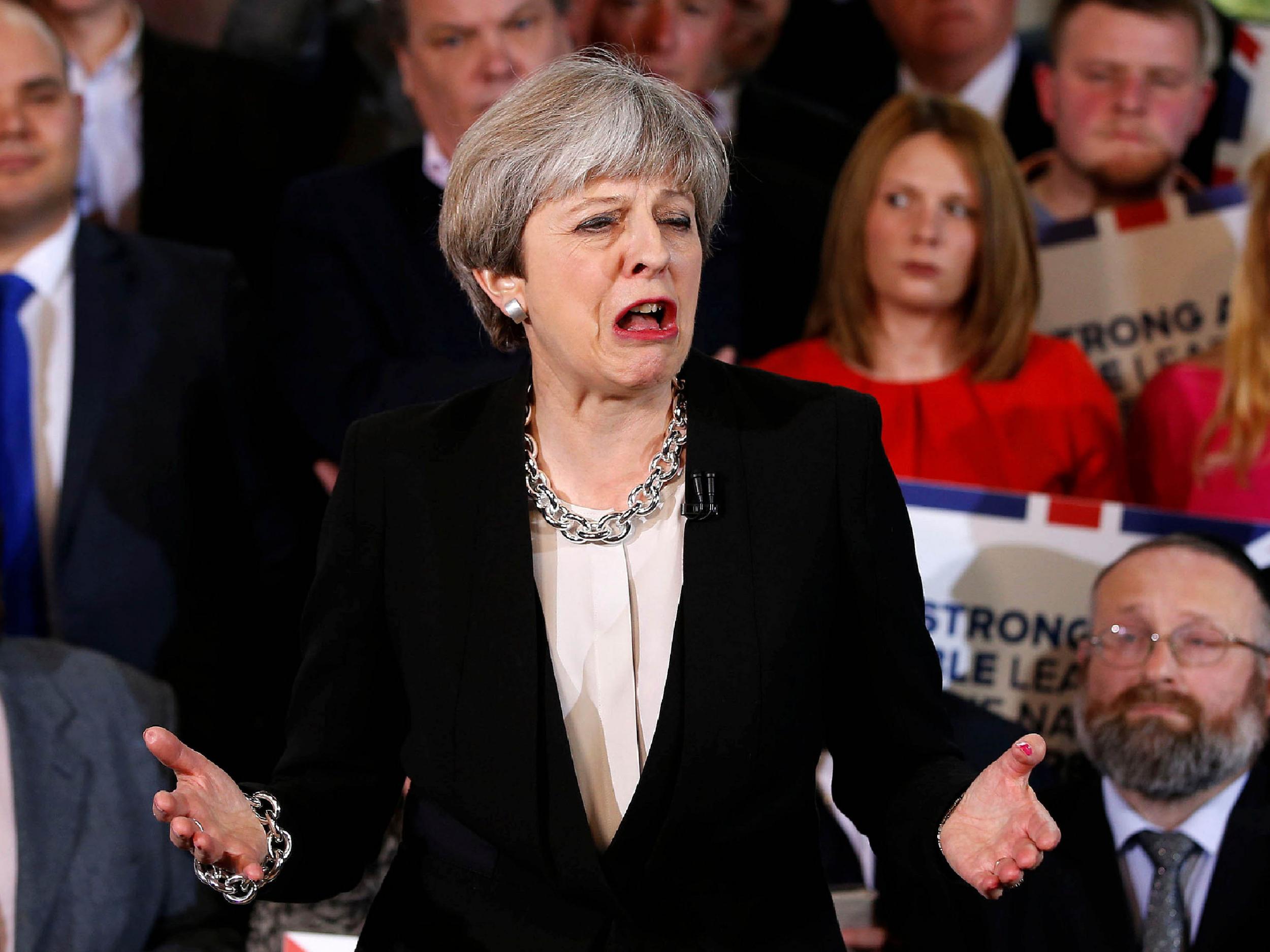 Theresa May delivers a speech to Conservative Party members as they launch their election campaign in Walmsley Parish Hall in Bolton in north-western Greater Manchester