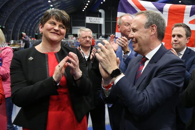 DUP leader Arlene Foster and deputy leader Nigel Dodds cheer as Emma Little Pengelly is elected to the South Belfast constituency at the Titanic exhibition centre in Belfast where counting is taking place in the 2017 General Election