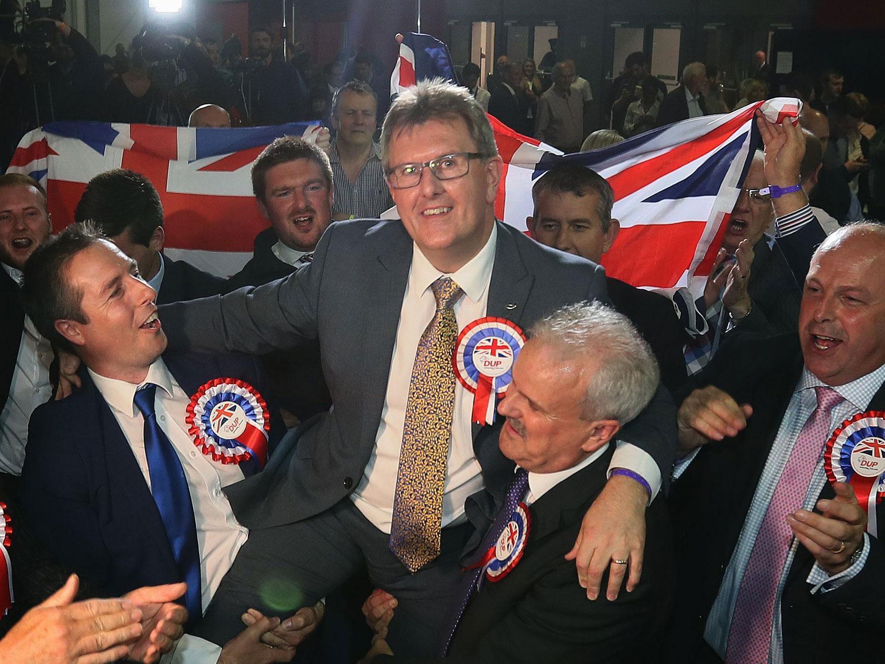 Sir Jeffrey Donaldson, seen celebrating after winning the Lagan Valley seat for the DUP, revealed the source of the £425,000 donation, but this only led to further questions