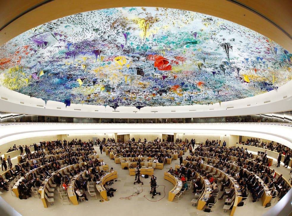 Overview of the United Nations Human Rights Council is seen in Geneva, Switzerland