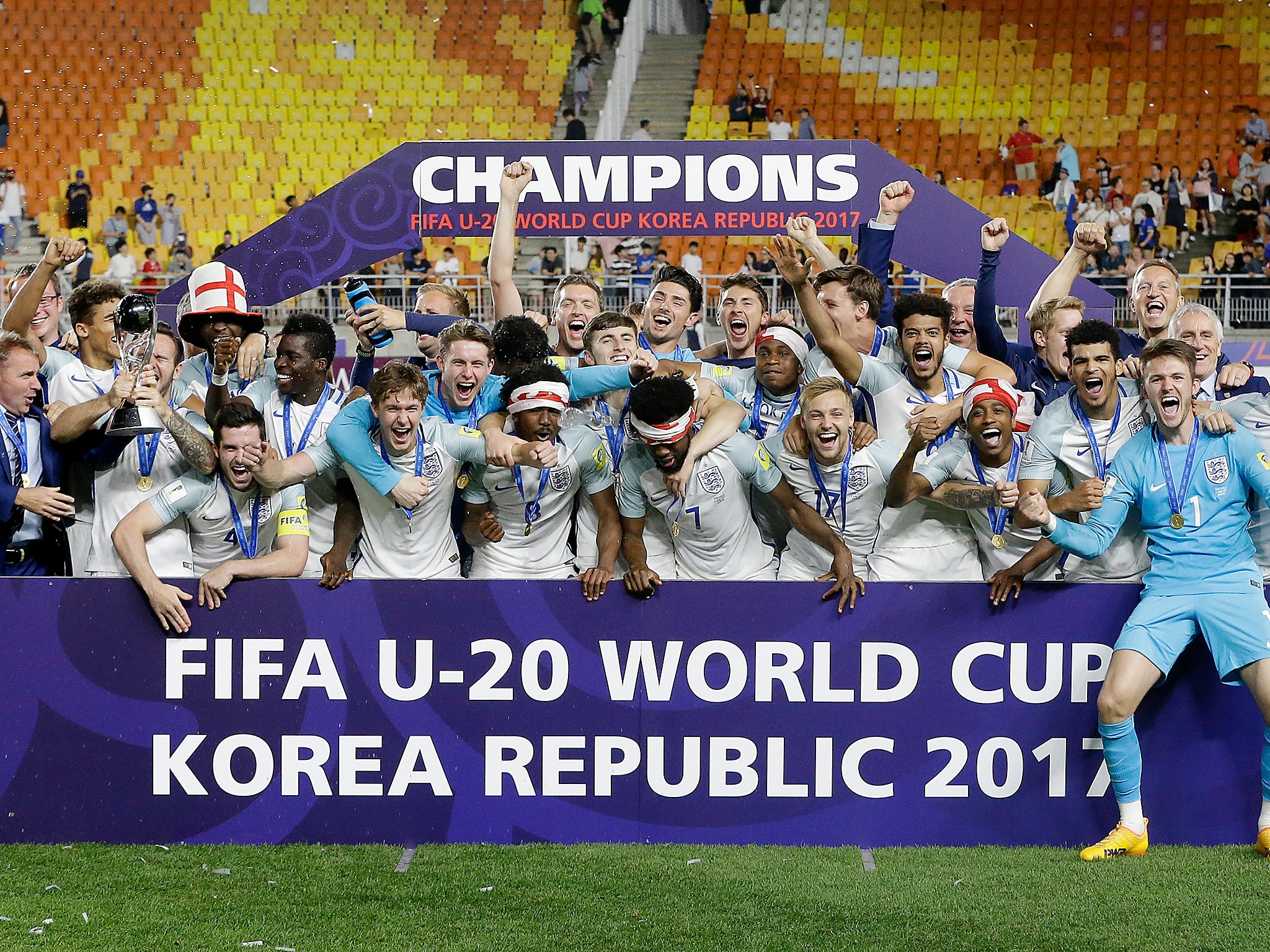 England players celebrate after defeating Venezuela 1-0 to win the final of the FIFA U-20 World Cup Korea 2017 at Suwon World Cup Stadium in Suwon, South Korea